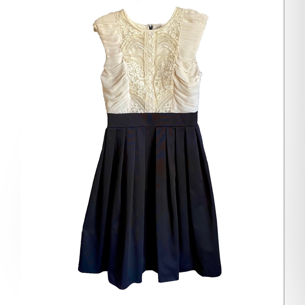 Maeve Two-Tone Ivory Lace Bodice Black Pleated Midi Dress
